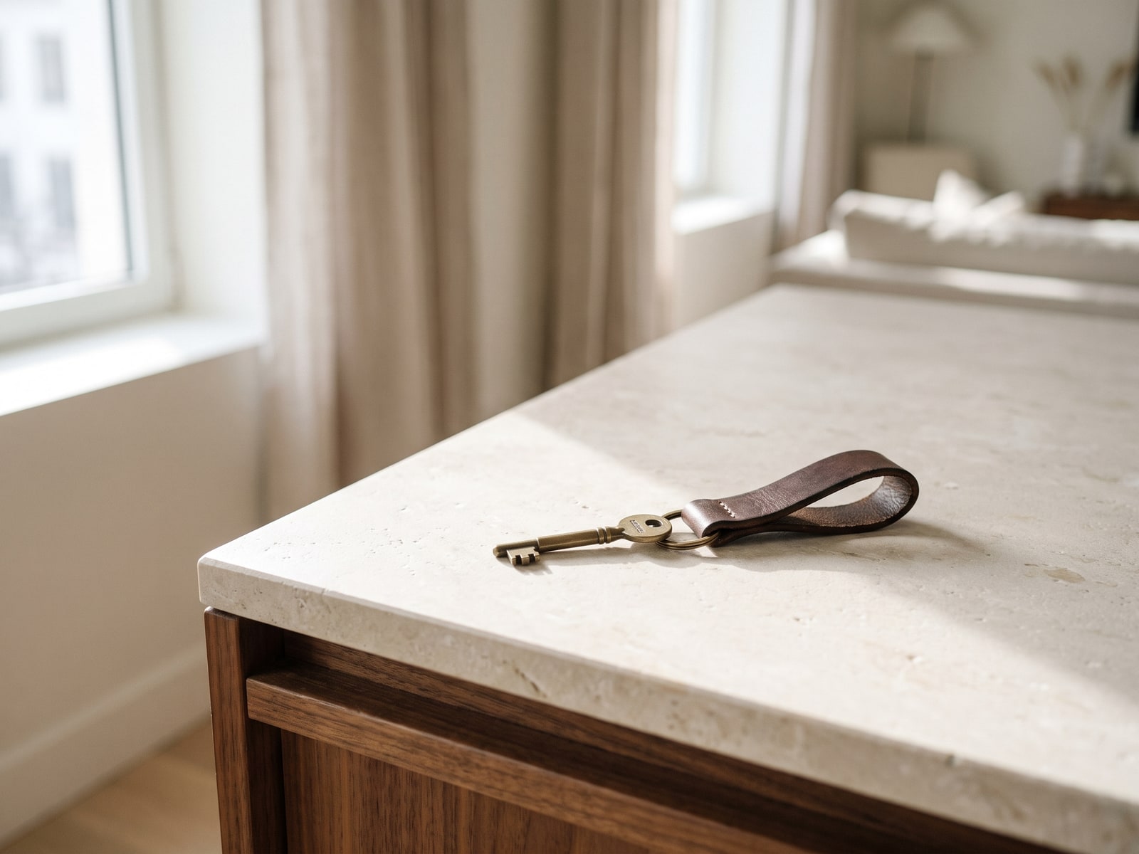 An apartment key on a plain leather fob, resting on pale stone beside oak